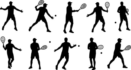 Tennis, group of male tennis players, isolated vector silhouettes, summer sports
