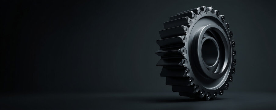 A sleek, black gear on a dark background representing precision engineering.