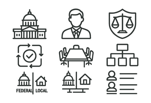 Line style icons of branches of power: legislative branch building, executive figure icon, judicial scale badge, checks and balances diagram, cabinet table symbol, state-level power chart, federal vs