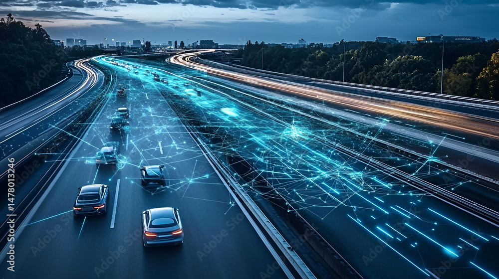 Poster night highway traffic with digital network overlay