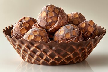 Chocolate ice cream balls in waffle bowl  delicious dessert perfect for summer treats
