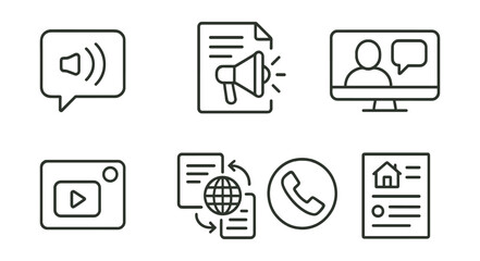 Line style icons of policy communication: public statement bubble, press release icon, government newsletter badge, outreach webinar screen, social media post tag, translated policy guide, hotline