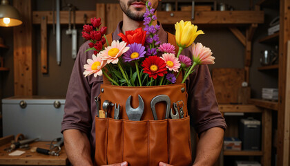 Man holding flower bouquet in tool bag against workshop background