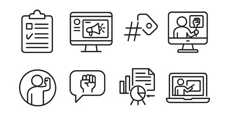Line style icons of digital activism: online petition icon, viral campaign post, awareness hashtag tag, livestream protest screen, digital protest avatar, activism forum bubble, infographics toolkit,