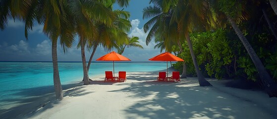 Tropical beach scene with orange umbrellas and chairs