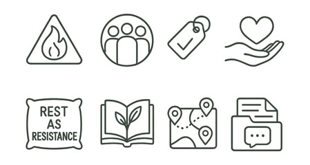 Line style icons of activist resilience: burnout warning icon, community care circle, mental health check tag, emotional support hand, rest as resistance pillow, activist healing journal, mutual aid