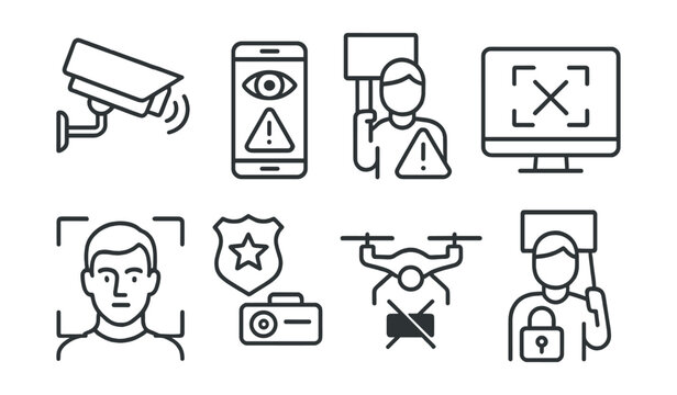 Line style icons of protest surveillance and response: camera surveillance eye, phone tracking alert, protester data warning, digital blackout icon, facial recognition frame, police camera tag, drone