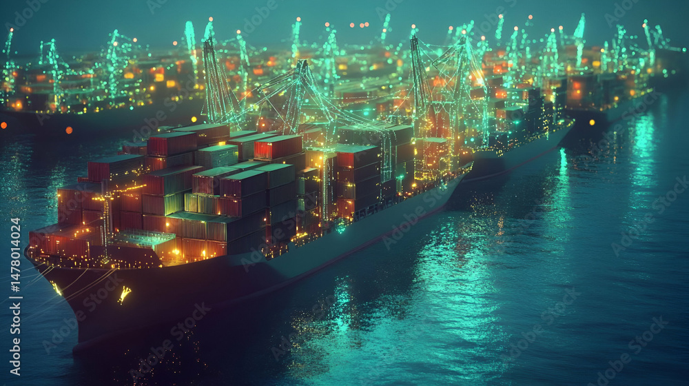Poster night view of illuminated container ship at port city