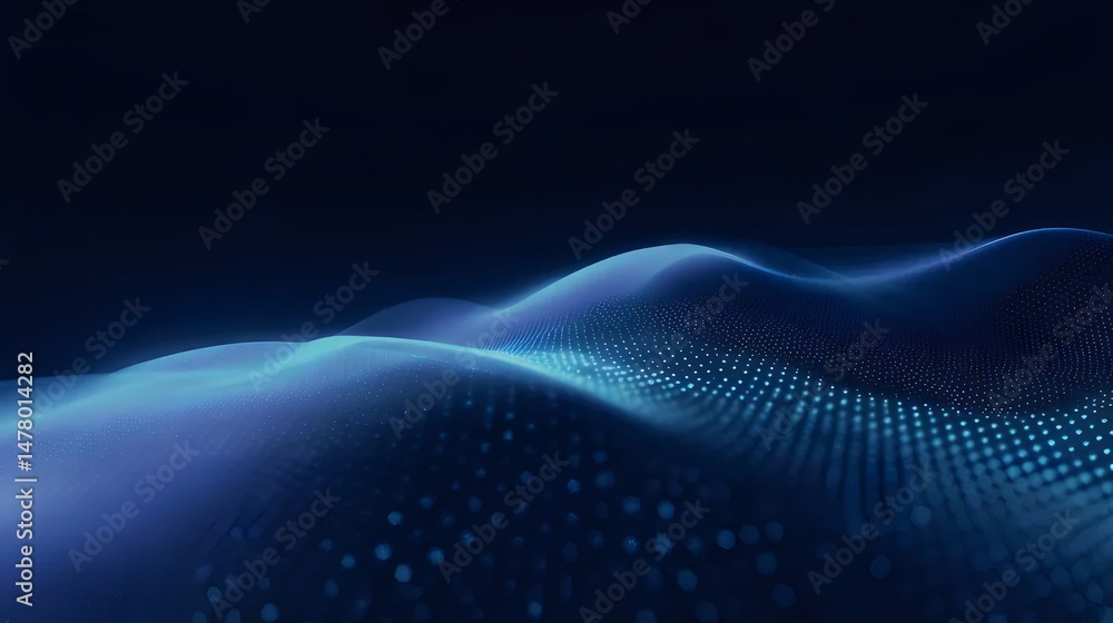 Poster abstract blue wavy background with glowing dots digital network data presentation template
