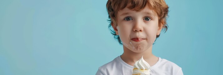 Happy child enjoying ice cream on international children's day. Boy with ice cream on a blue background. Horizontal banner. Copy space