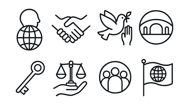 Line style icons of universal values and solidarity: human dignity globe, solidarity handshake icon, peace and rights dove, intercultural bridge badge, universal freedom key, care and justice balance