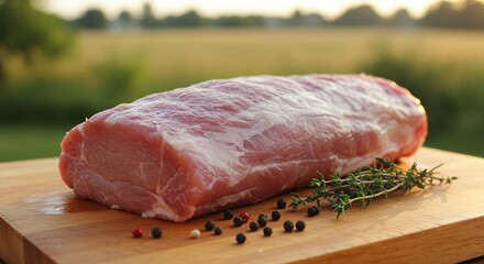 Fototapeta premium Raw Pork Loin on Wooden Board with Herbs