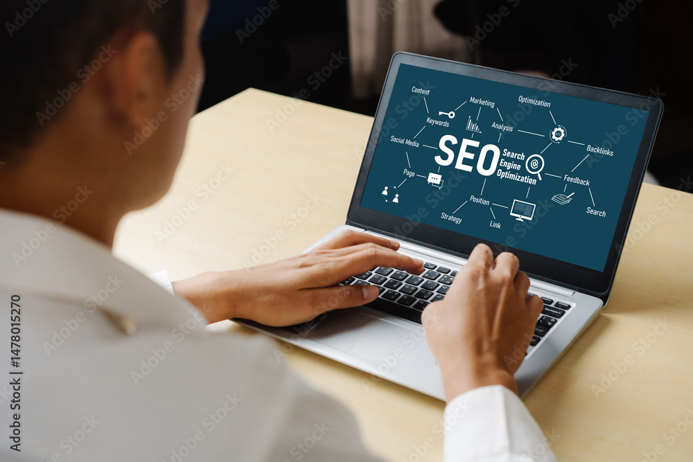 Poster seo search engine optimization for modish e-commerce and online retail business showing on computer 