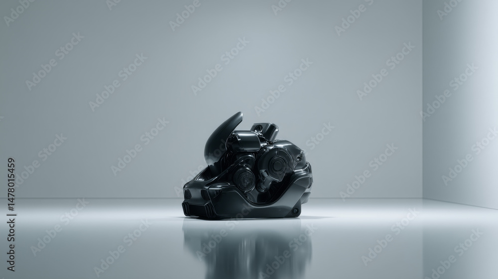 Poster a sleek black technological device displayed in an empty modern space.