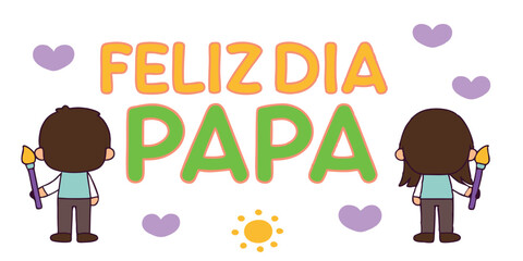Happy father's day in spanish with cute characters and hearts on white background