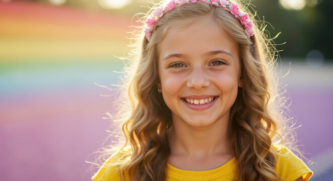 Smiling girl with flower crown and wavy blonde hair against rainbow background in golden sunlight. Magical childhood portrait for spring festivals and fairy tale themes - Powered by Adobe