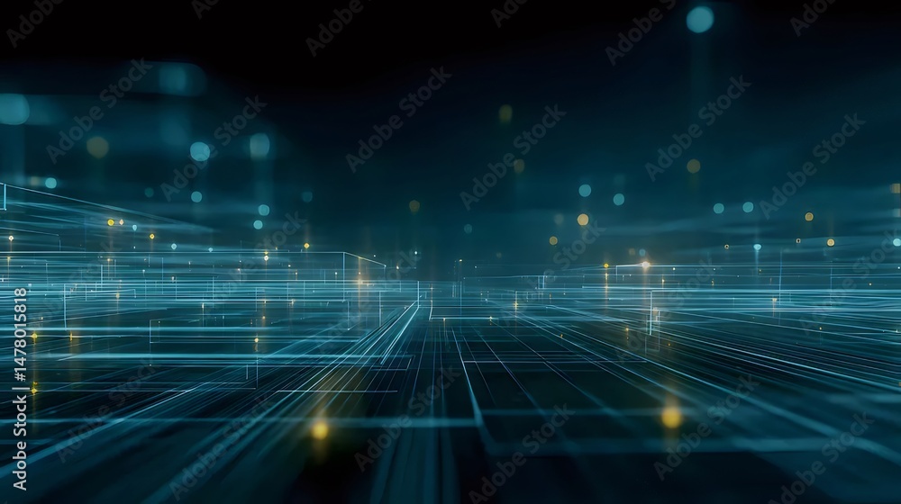 Aufkleber abstract digital network with blue and yellow lights on dark background data flow and futuristic des