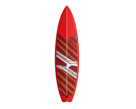 Red wind surfboard with carbon fiber and crosshatch pattern isolated on a transparent background