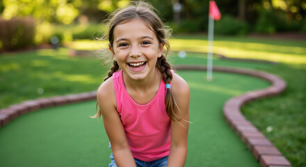 Laughing girl with braids in pink top on miniature golf course with green grass and flag. Outdoor summer recreation for family fun days and children's sports activities