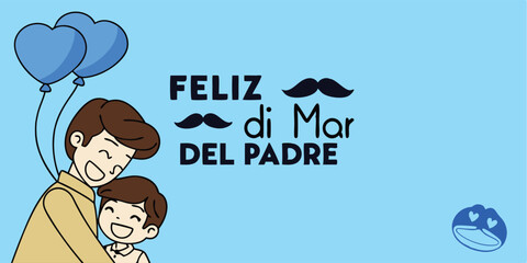 Happy fathers day in spanish featuring a father and son with balloons