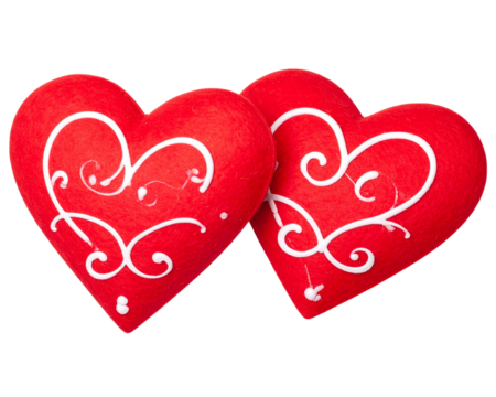 Two red hearts with white swirls and designs isolated on a transparent background - Powered by Adobe