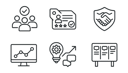 Fototapeta premium Line style icons of community-powered oversight: community vote icon, platform survey tag, user review feedback file, co-governance badge, platform co-creation chart, “suggest improvement” icon,