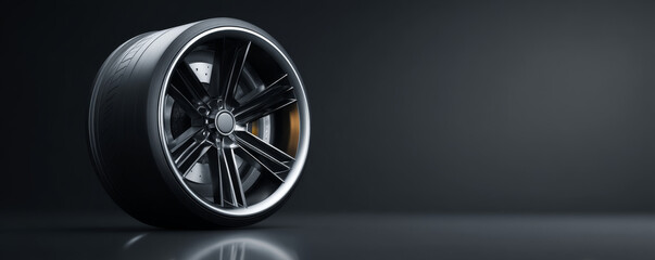 A sleek car wheel on a dark background showcasing modern automotive design.