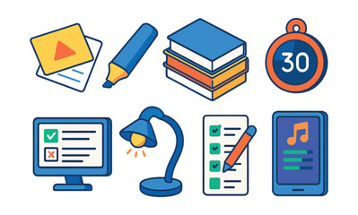 Isometric flat vector set of illustrations of student exam prep: flashcards, highlighter pen, stack of textbooks, study timer, online quiz, desk lamp, checklist, concentration playlist.