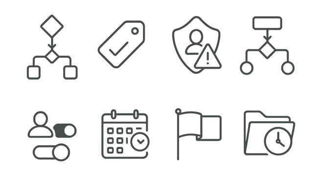 Line style icons of open moderation processes: transparent mod flow icon, mod decision tag, user-reported content badge, rules-based system chart, human in the loop toggle, appeals calendar, feedback