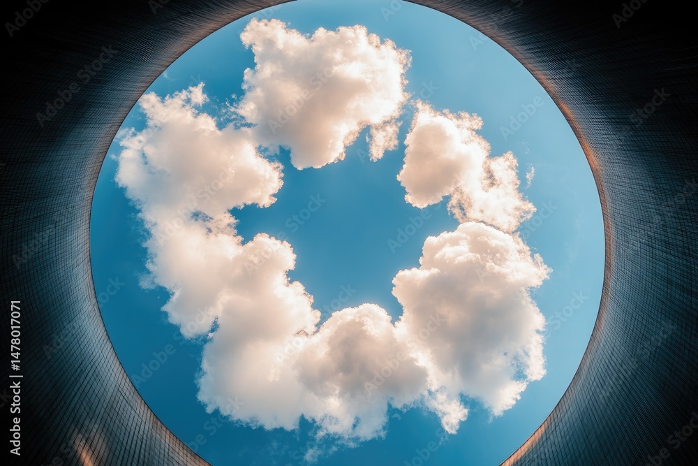 Poster sky and clouds viewed through a cylindrical structure open to the elements