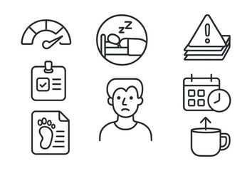 Line style icons of burnout prevention: energy meter icon, rest time badge, work overload alert, task boundary card, emotional fatigue tag, schedule breathing room, recovery steps file, resilience