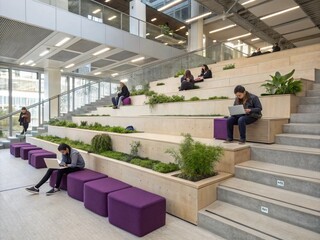 University students collaborating and studying in modern campus area