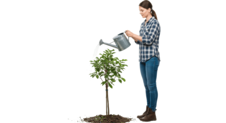 Woman Watering Plants Isolated on Transparent PNG Background
