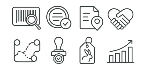 Line style icons of product transparency: label decoder icon, ingredient list badge, traceable origin file, fair trade symbol, supply chain map, certification stamp icon, animal-free tag,