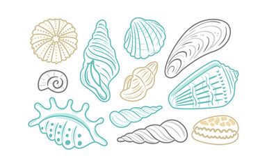set of outlined illustrations featuring various shell designs. These intricate contours highlight the beauty of marine life, making them ideal for beach-themed projects, packaging, or decorations.