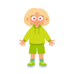 A young blonde girl with a bob haircut wears a green hoodie, frightened expression on her face. Her wide eyes convey surprise and fear, making the illustration expressive.