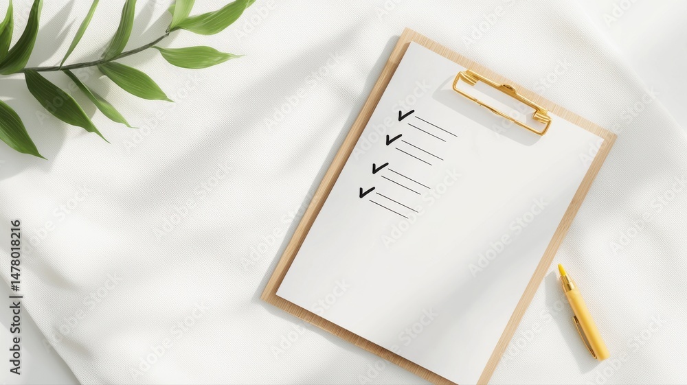 Aufkleber checklist on clipboard with pen and plant shadow clipboard checklist pen shadow to do list task list