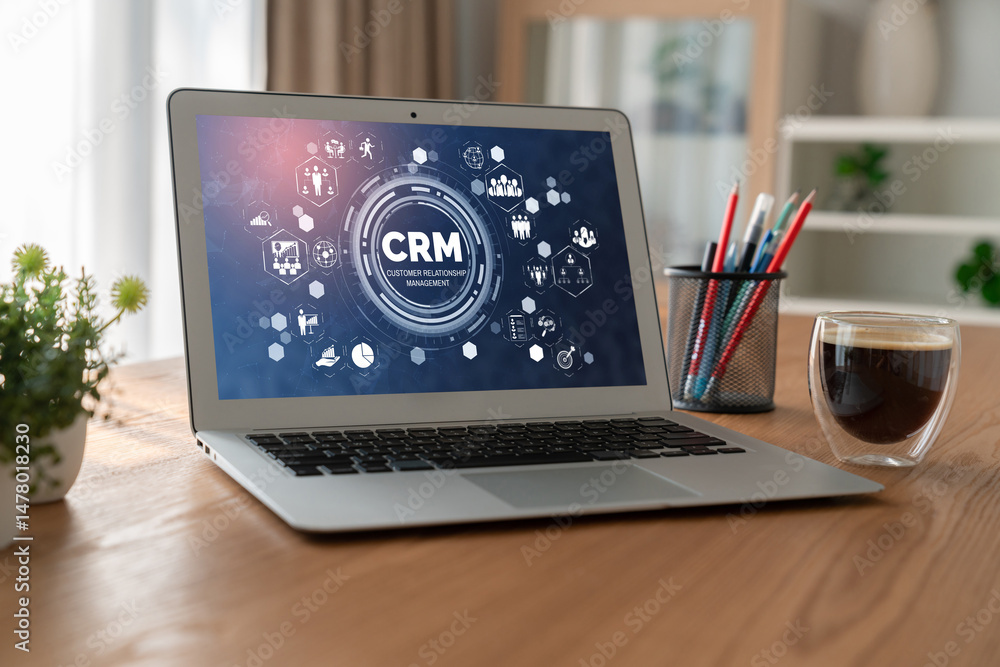 Poster customer relationship management system on modish computer for crm business and enterprise