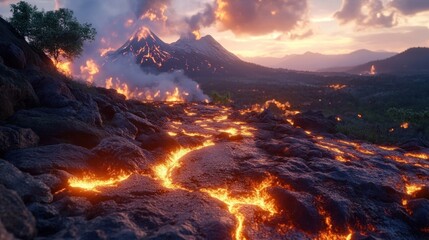 Fototapeta premium Molten lava flow from volcano