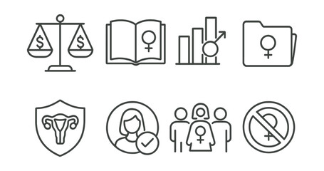 Line style icons of women’s rights: equal pay scale, education for girls book, gender equality chart, maternity rights folder, reproductive freedom badge, safety for women symbol, equal