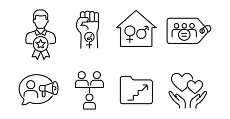 Line style icons of allyship and solidarity: male ally badge, support feminism hand, gender-equal household icon, team up for equity tag, listen + amplify bubble, co-leadership chart, allyship steps
