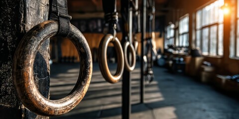 Close-up of gym rings in a fitness studio with sunlight streaming through the windows.