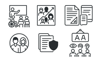 Line style icons of inclusive education: accessible classroom icon, student diversity chart, inclusive learning materials, co-teaching model badge, no bias curriculum file, multilingual board tag,