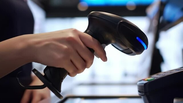A customer scans items at a retail store checkout. The environment is busy with various products visible. The terminal shows options for digital payment.