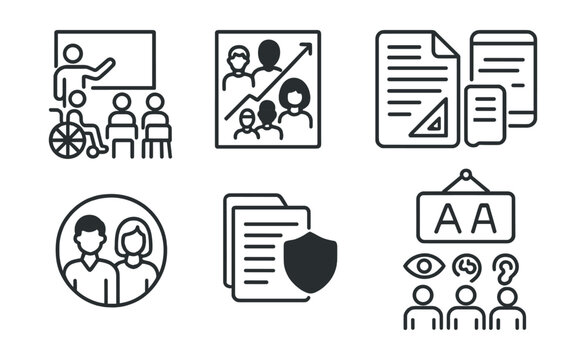 Line style icons of inclusive education: accessible classroom icon, student diversity chart, inclusive learning materials, co-teaching model badge, no bias curriculum file, multilingual board tag,