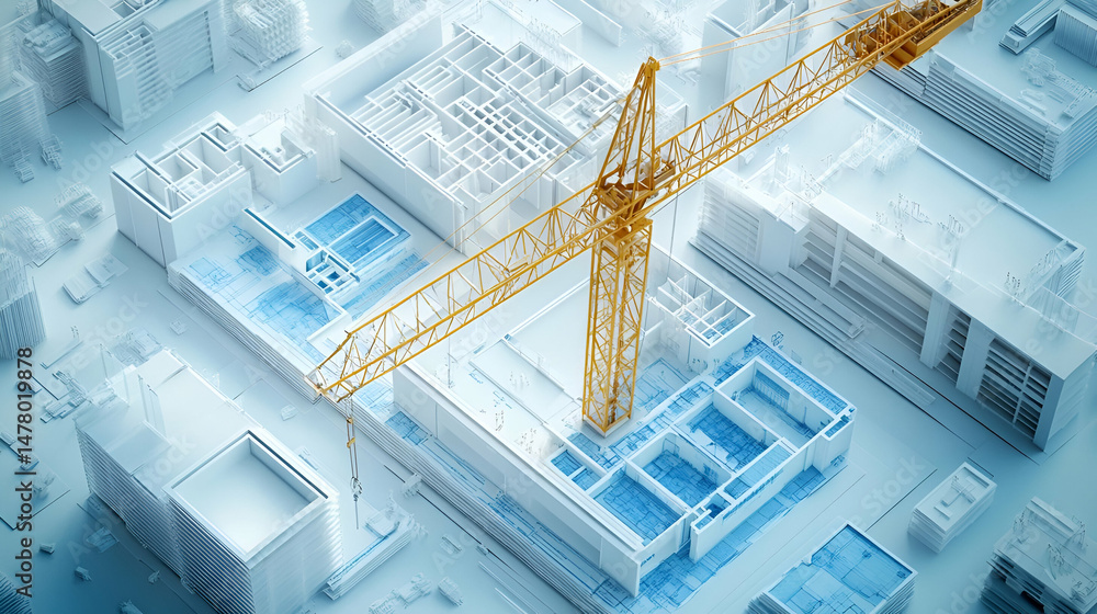 Poster overhead view of a 3d rendered cityscape with a construction crane