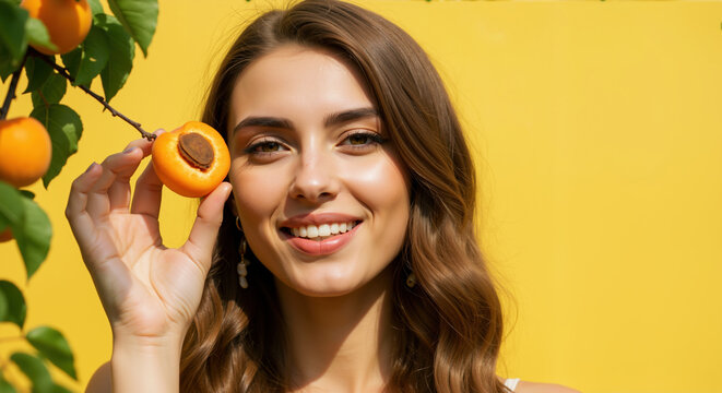 Smiling woman with wavy brown hair holding fresh apricot from tree branch against yellow background. Summer fruit harvest for orchard tourism, seasonal food festivals and healthy eating campaigns
