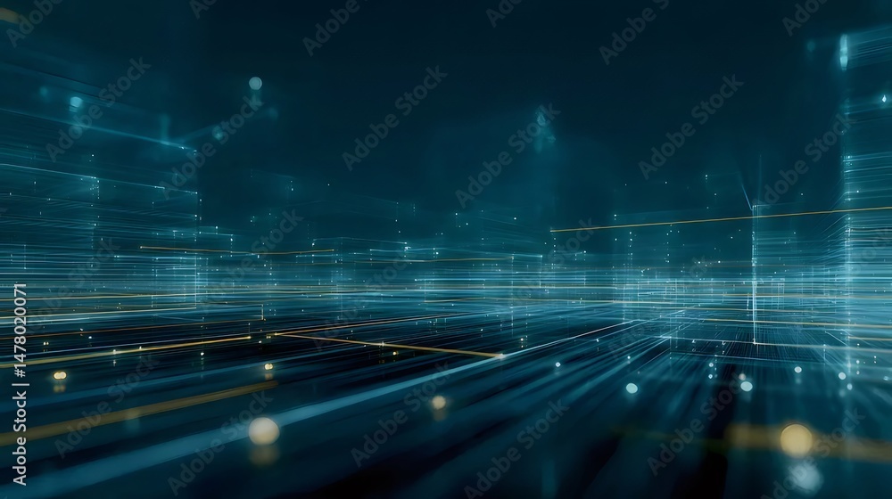 Poster futuristic abstract network connecting with glowing dots and lines in a digital cyberspace on dark b