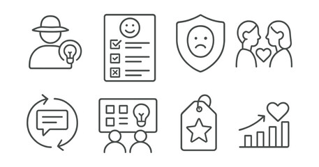 Line style icons of inclusive feedback: anonymous suggestion icon, inclusive survey file, no judgment form badge, peer review with care, open feedback loop chart, collective learning board, review