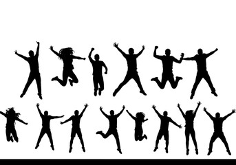 Silhouette Figures Jumping Up and Down Expressing Joy and Freedom in Various Poses Creating a Dynamic Sense of Energy and Unrestrained Enthusiasm Across the Group